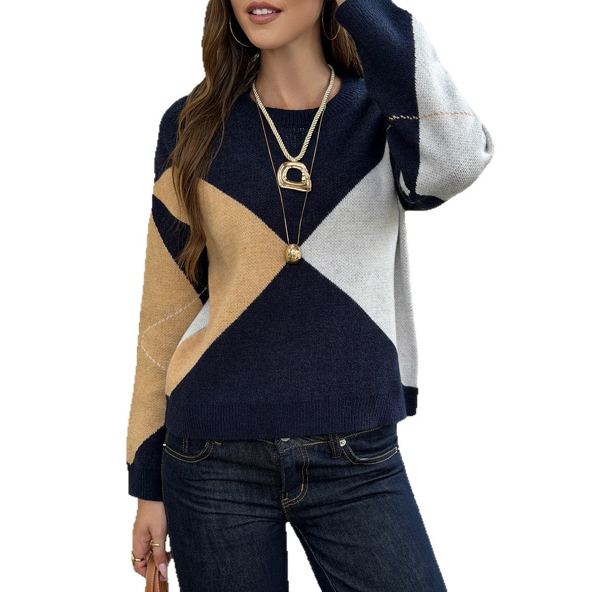 Oversized Color Block Geometric Crew Neck Sweater