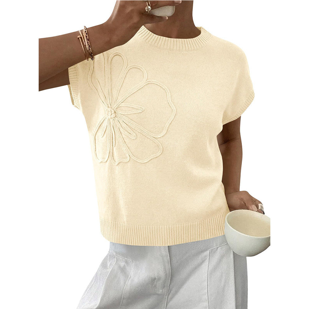 Womens 3D Floral Knit Top Short Sleeve Pullover