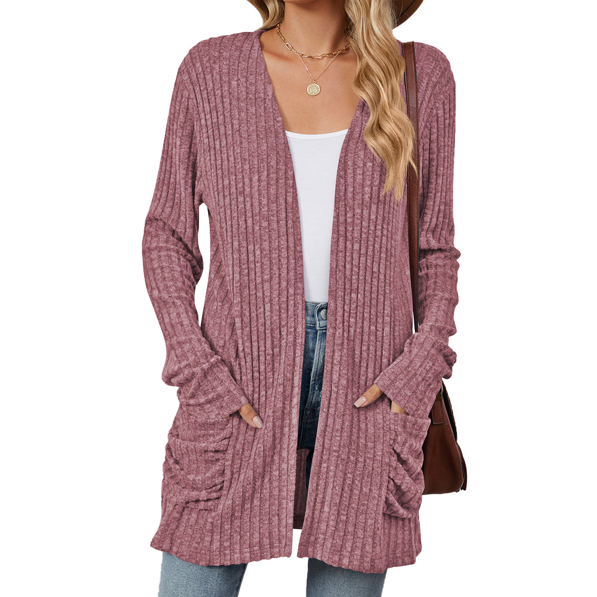 Women's Long Ribbed Open Front Cardigan with Pockets