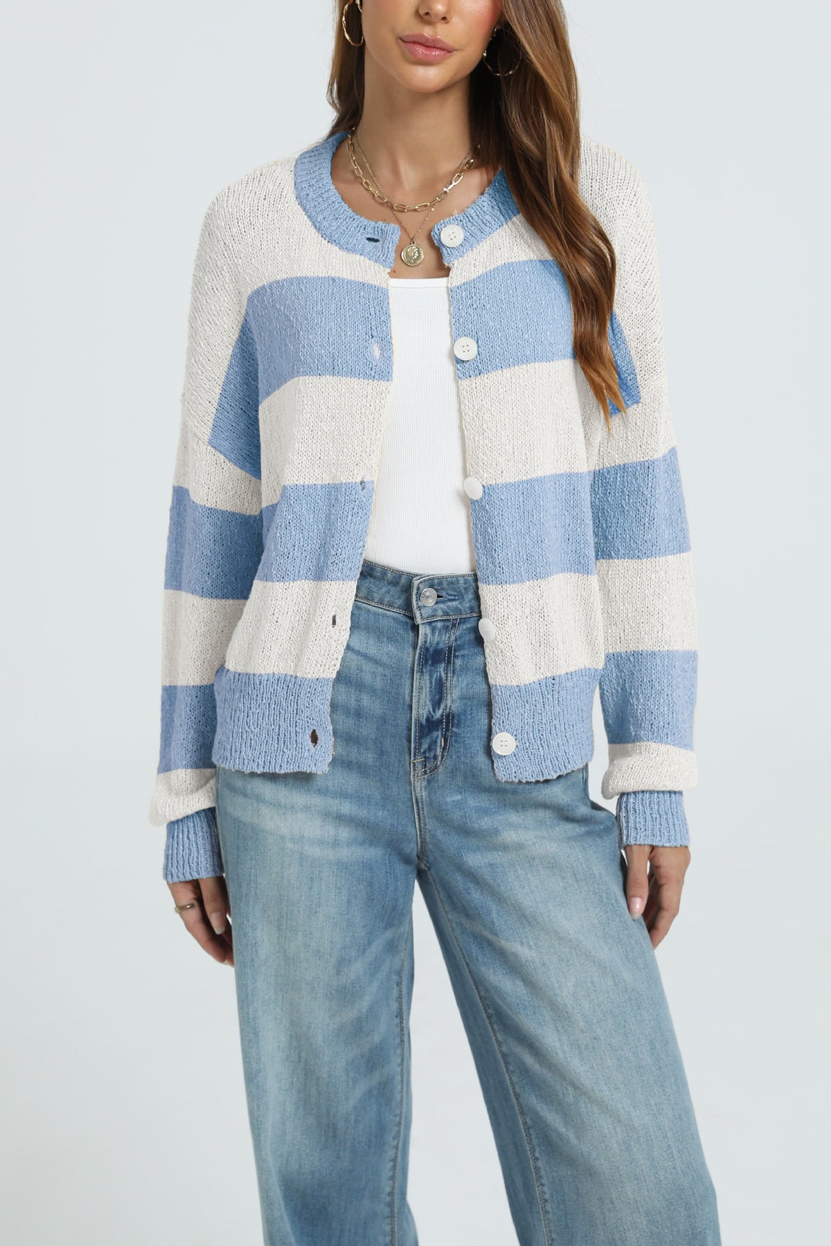 Women's Color Block Striped Cardigan Button Knit Sweater