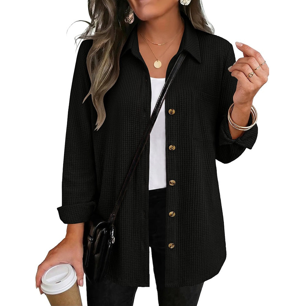 Waffle Knit Button Down Shacket Casual Long Sleeve Top