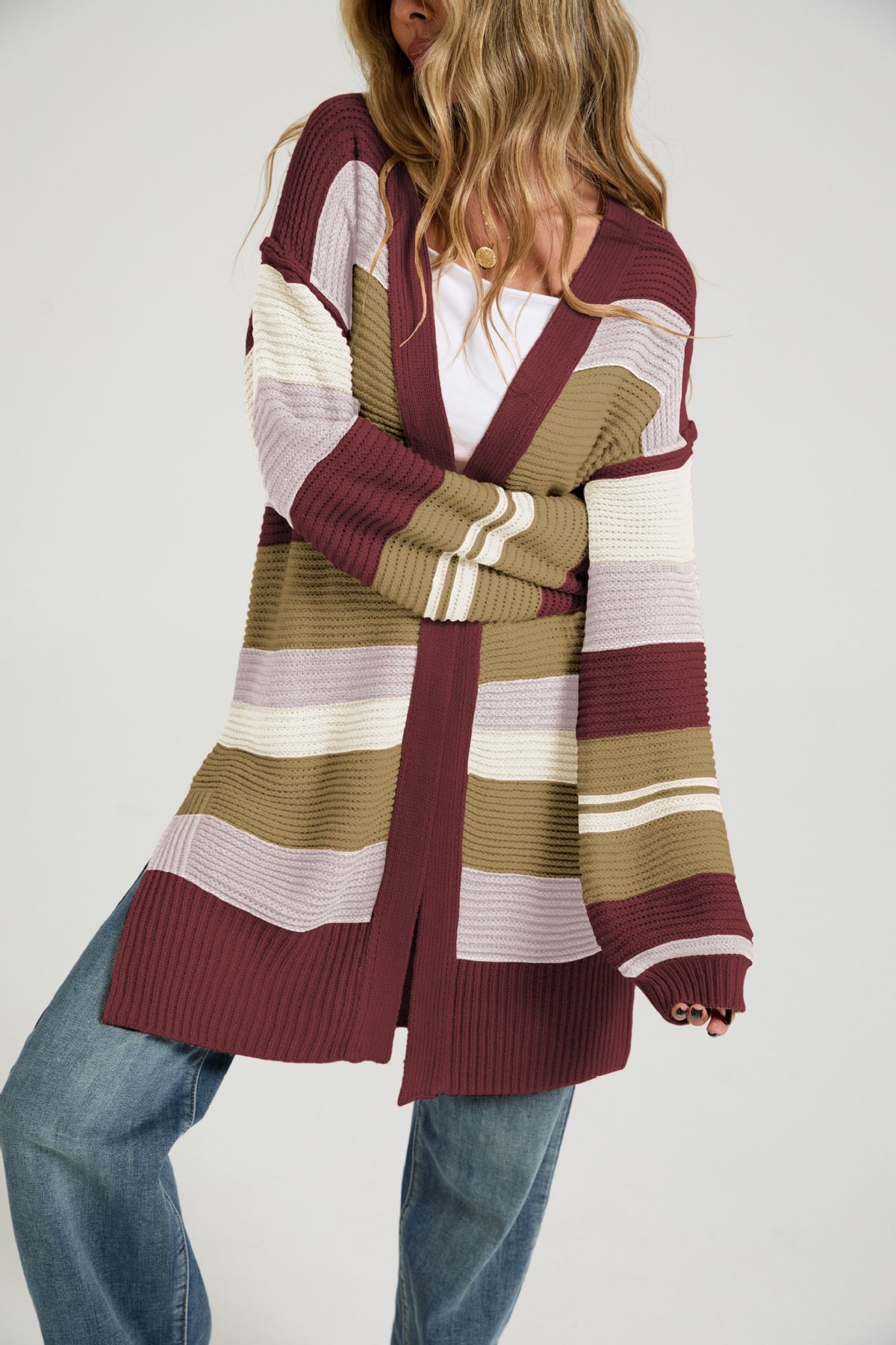 Striped Color Block Long Cardigan Open Front Knit Sweater
