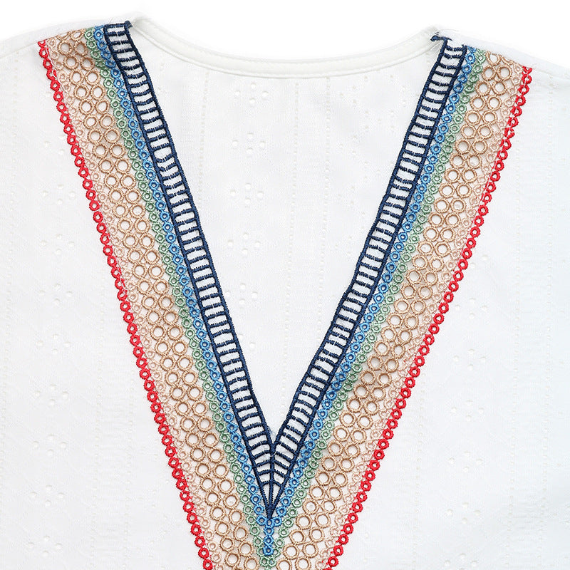 Boho Eyelet Knit Top V Neck Loose Batwing Summer Tee