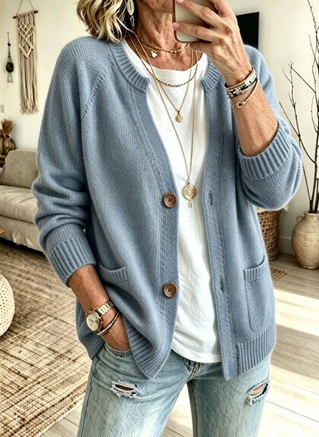 Button Front Crew Neck Pocket Knit Cardigan