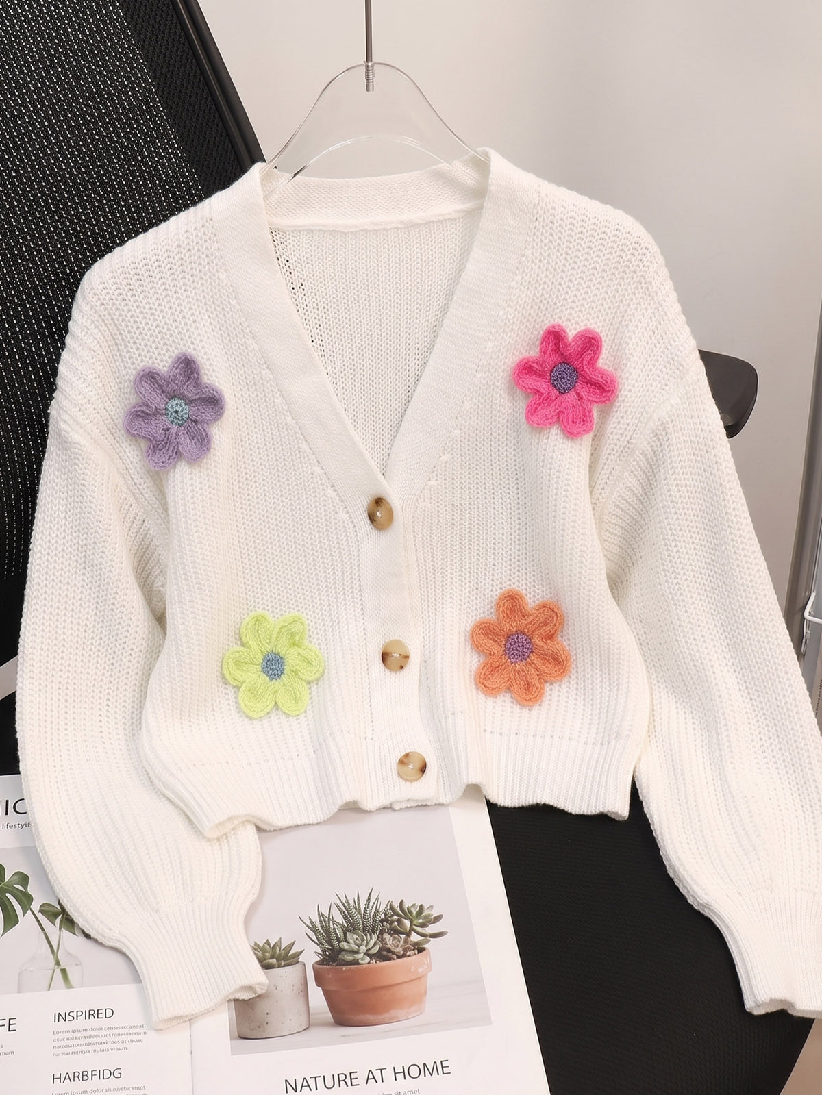 Women's 3D Flower Cropped Cardigan Oversized V-Neck Knit