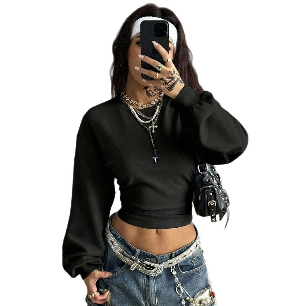Solid Knit Crop Top Trendy Ruched Long Sleeve Slim Fit