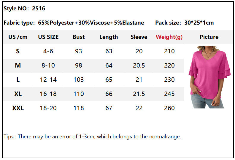 2025 Spring Solid Color V-Neck Ruffle Sleeve Short-Sleeve Top