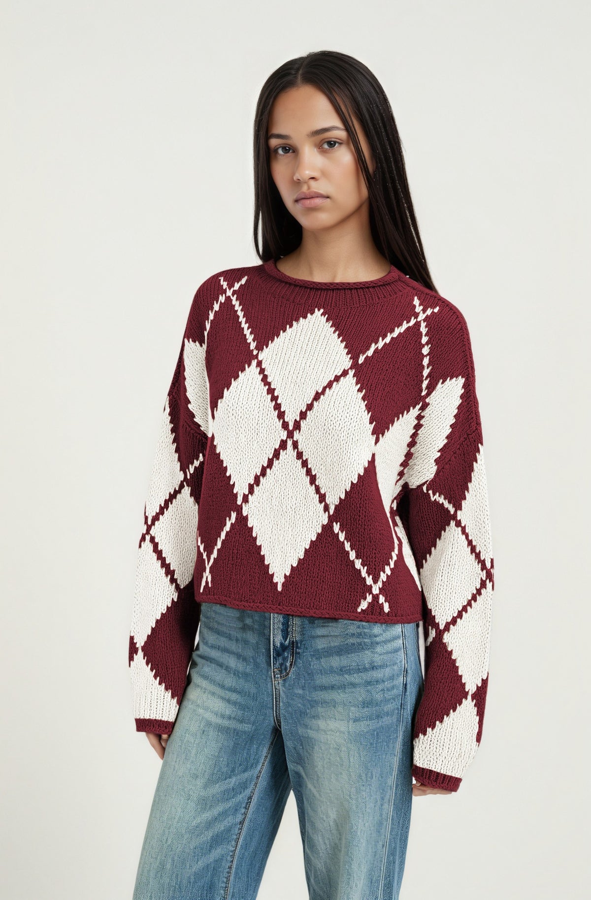 Women's Oversized Argyle Crewneck Chunky Sweater
