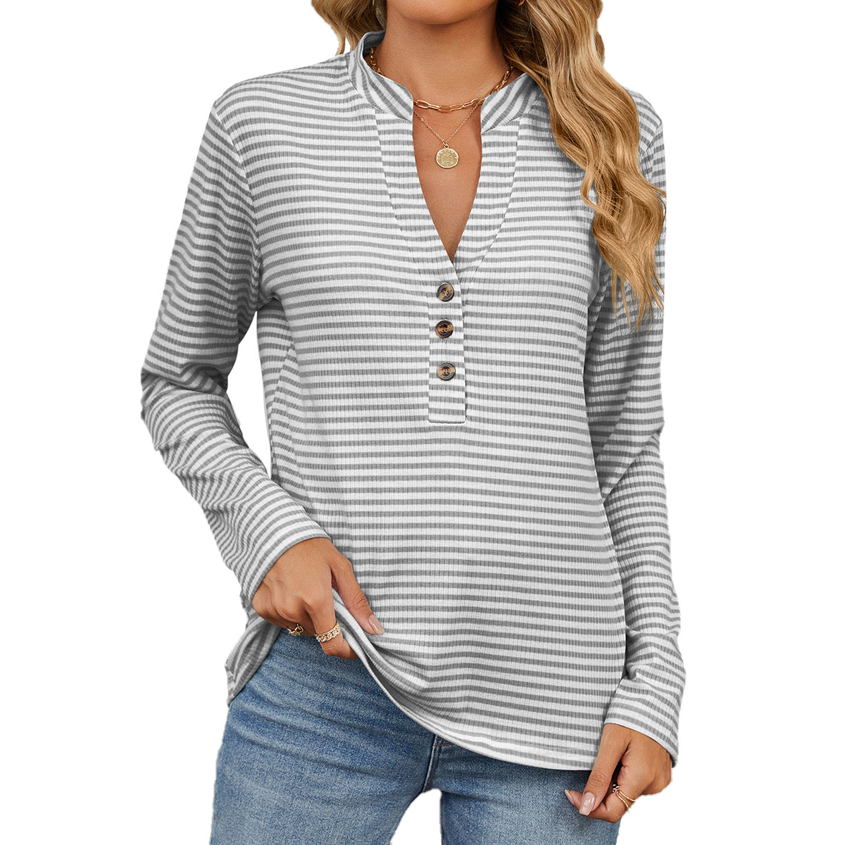 Women's Striped V Neck Button Long Sleeve Loose Casual Top