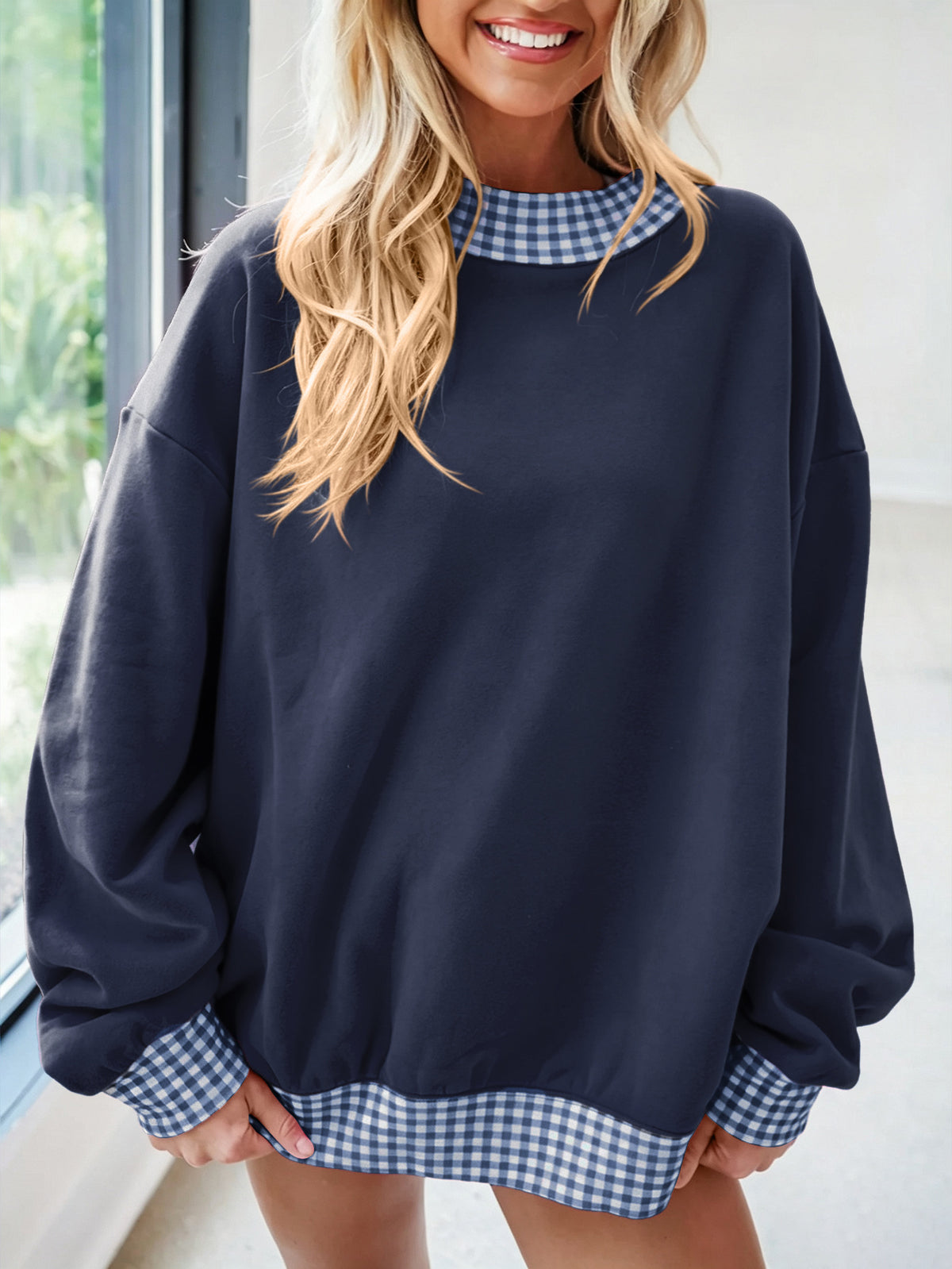 Women's Oversized Fleece Plaid Trim Mock Neck Sweatshirt