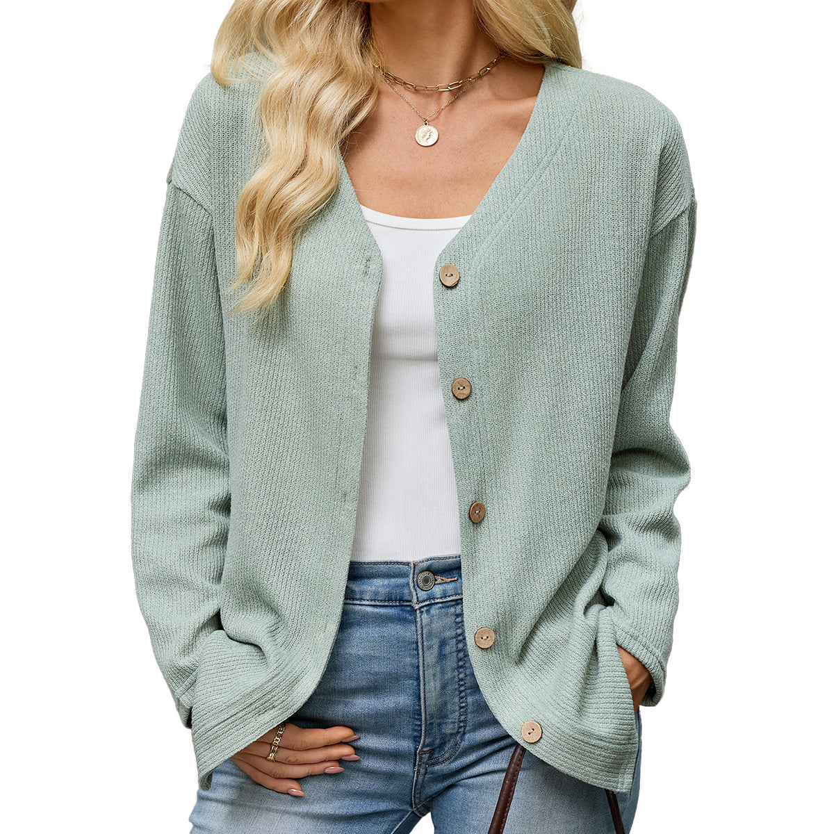 Women's Long Sleeve V Neck Button Front Loose Knit Cardigan