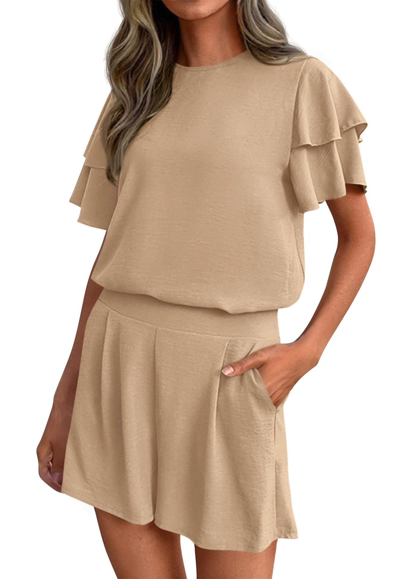 Casual Solid Ruffle Sleeve Short Set Lounge Outfit