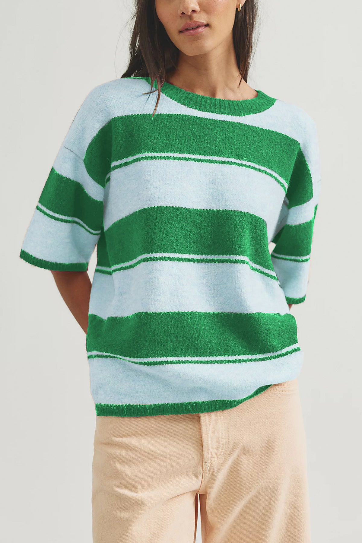 Women's Oversized Striped Short Sleeve Knit Sweater