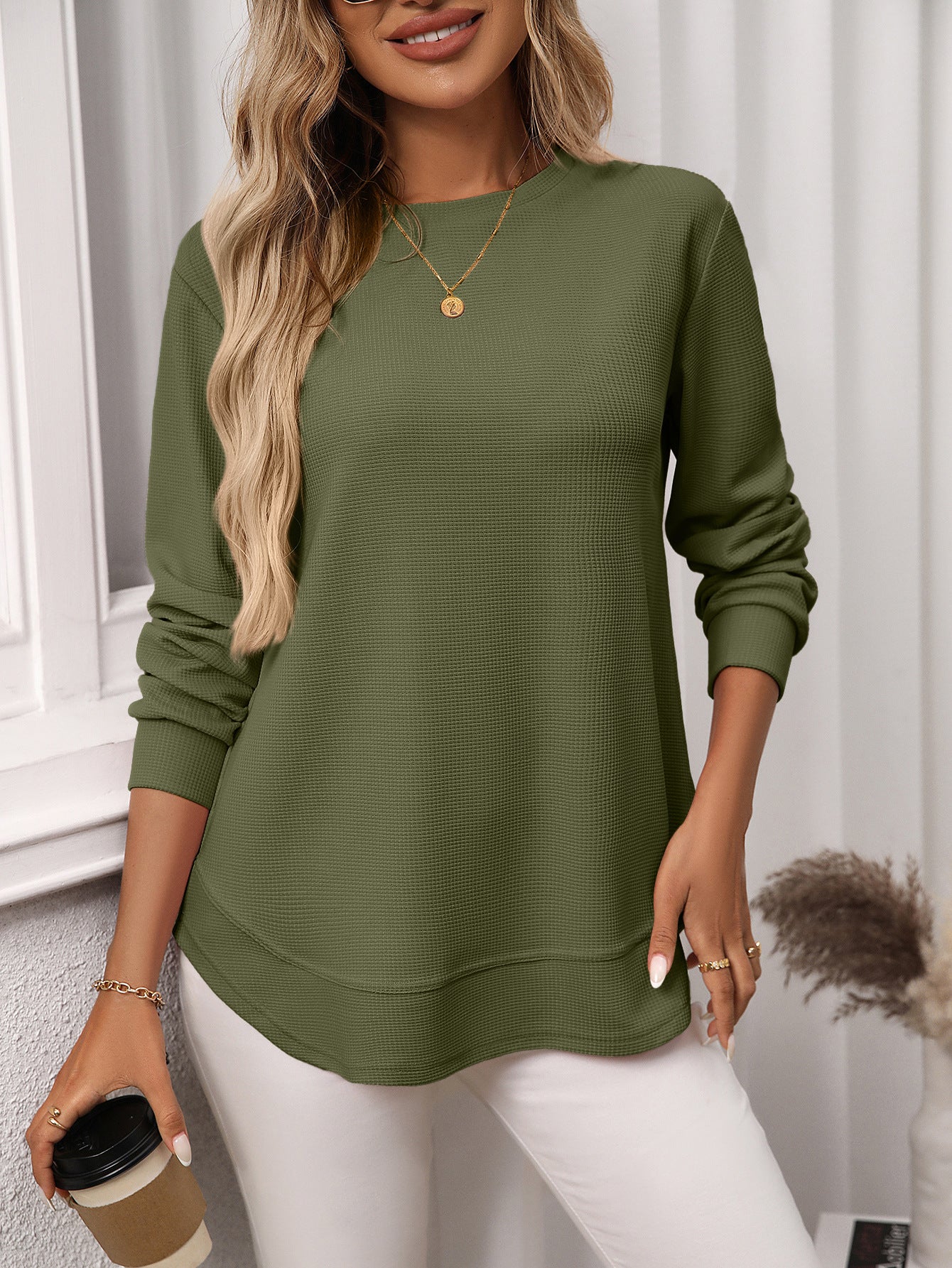 Waffle Knit Long Sleeve Top Relaxed Fit Casual Pullover