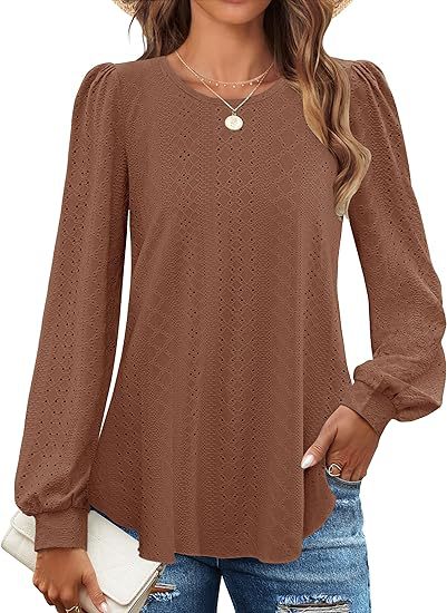 Solid Knit Blouse Casual Eyelet Puff Sleeve Boutique