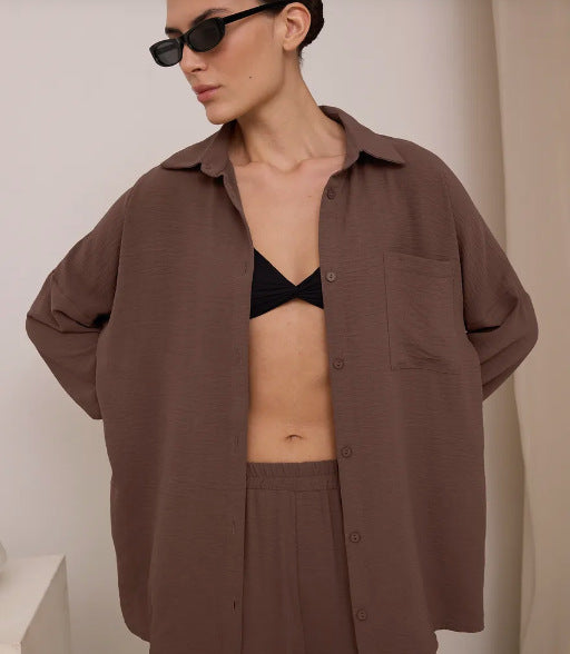 Two Piece Pants Set with Button-Down Shirt & Wide-Leg Pants