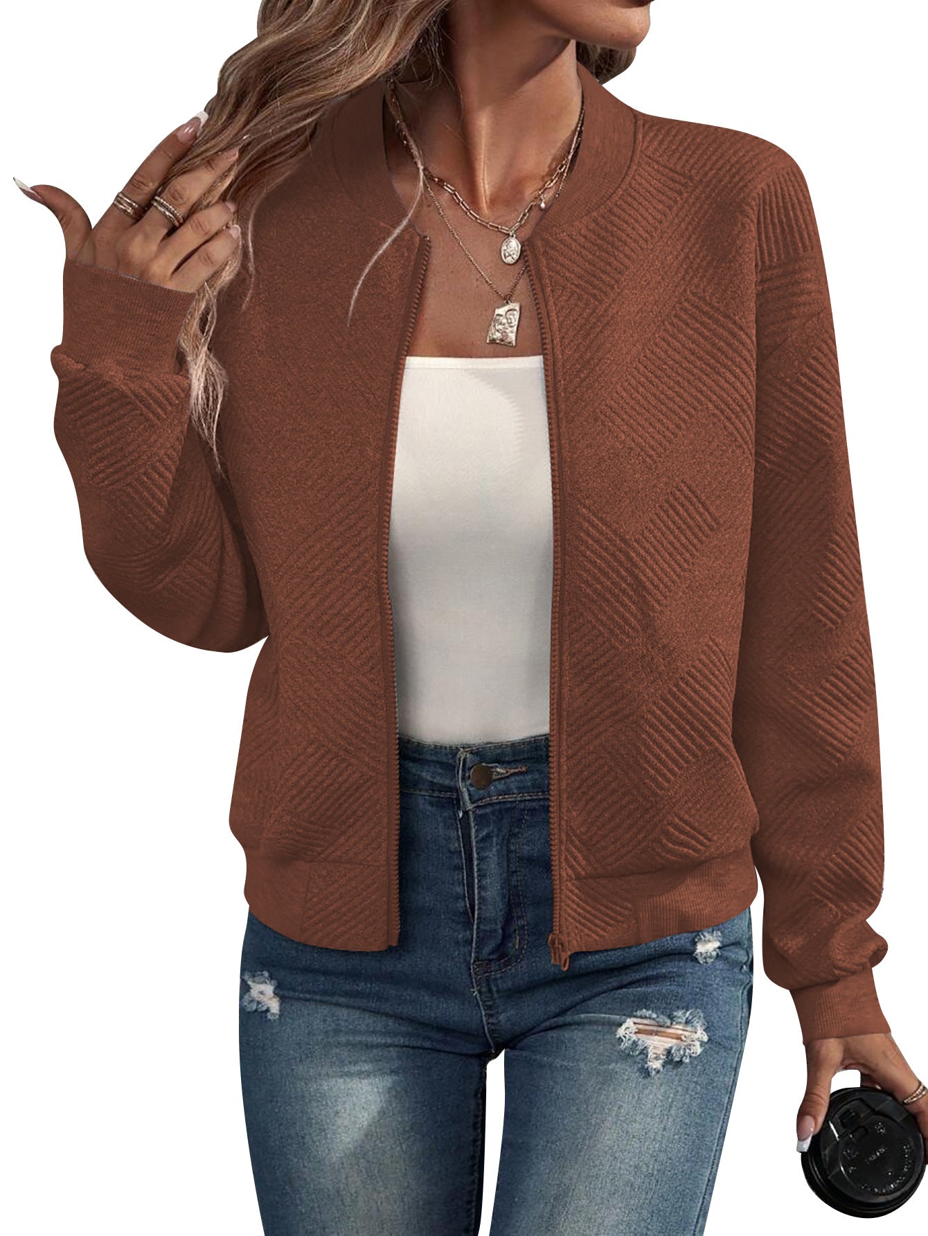 Geometric Textured Bomber Jacket with Pockets