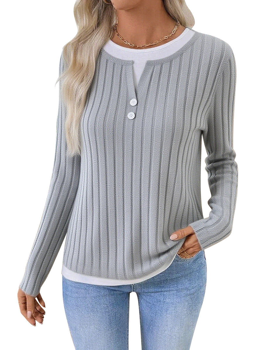 Solid Brushed Knit Top Casual Ribbed Henley Tee