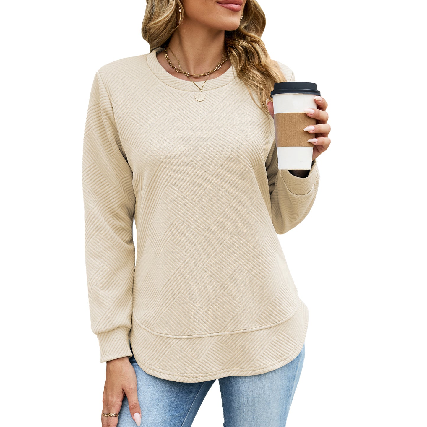Solid Textured Cotton Sweatshirt Relaxed Long Sleeve Top
