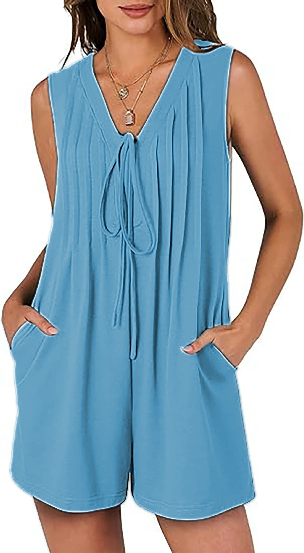 2025 Summer Women's Loose Sleeveless V-neck Romper with Pockets