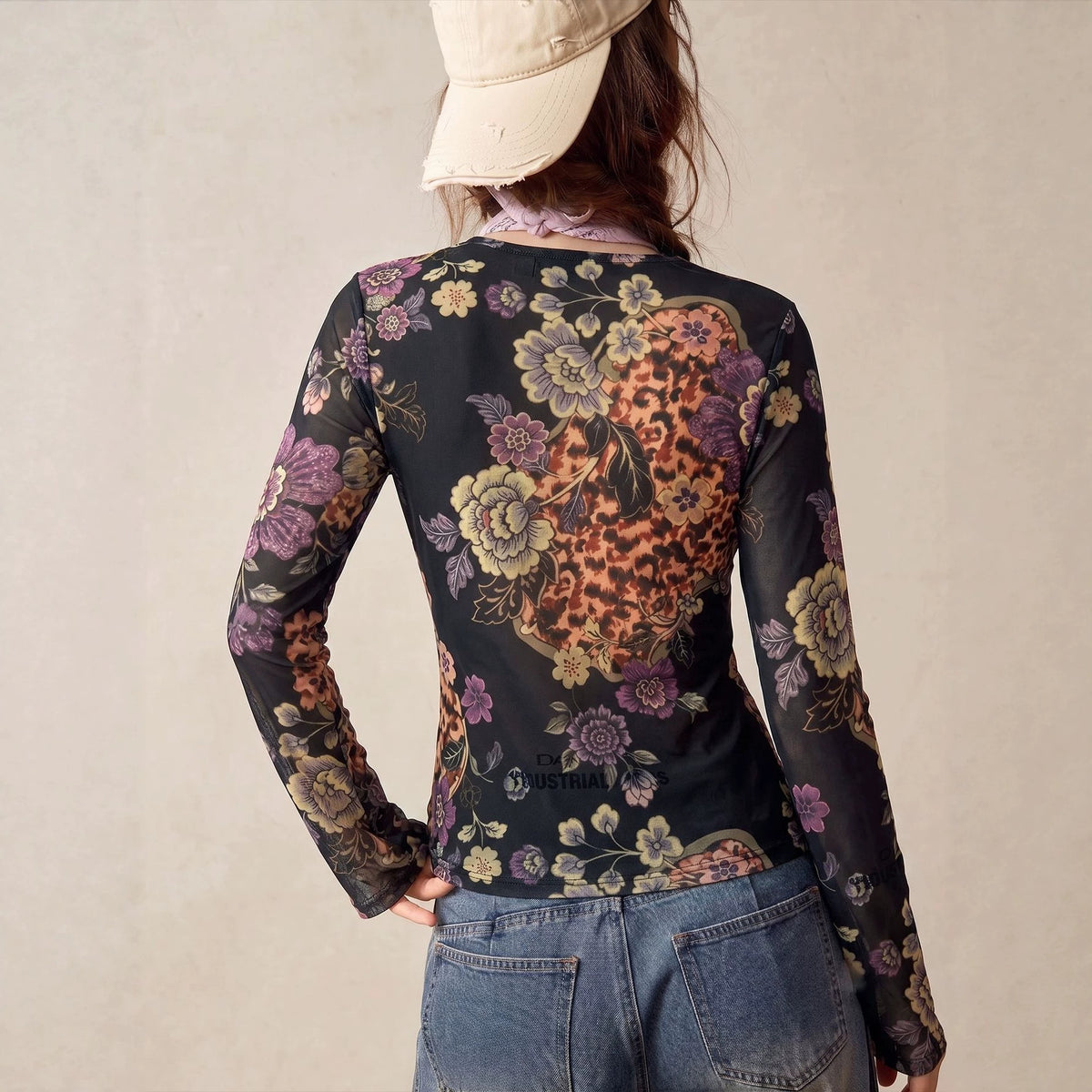 Women's Ruched Floral Mesh Blouse V-Neck Leopard Sleeves