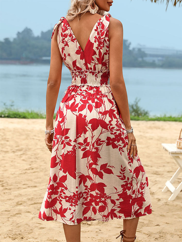 Red Floral Tie Shoulder Midi Dress Smocked Waist