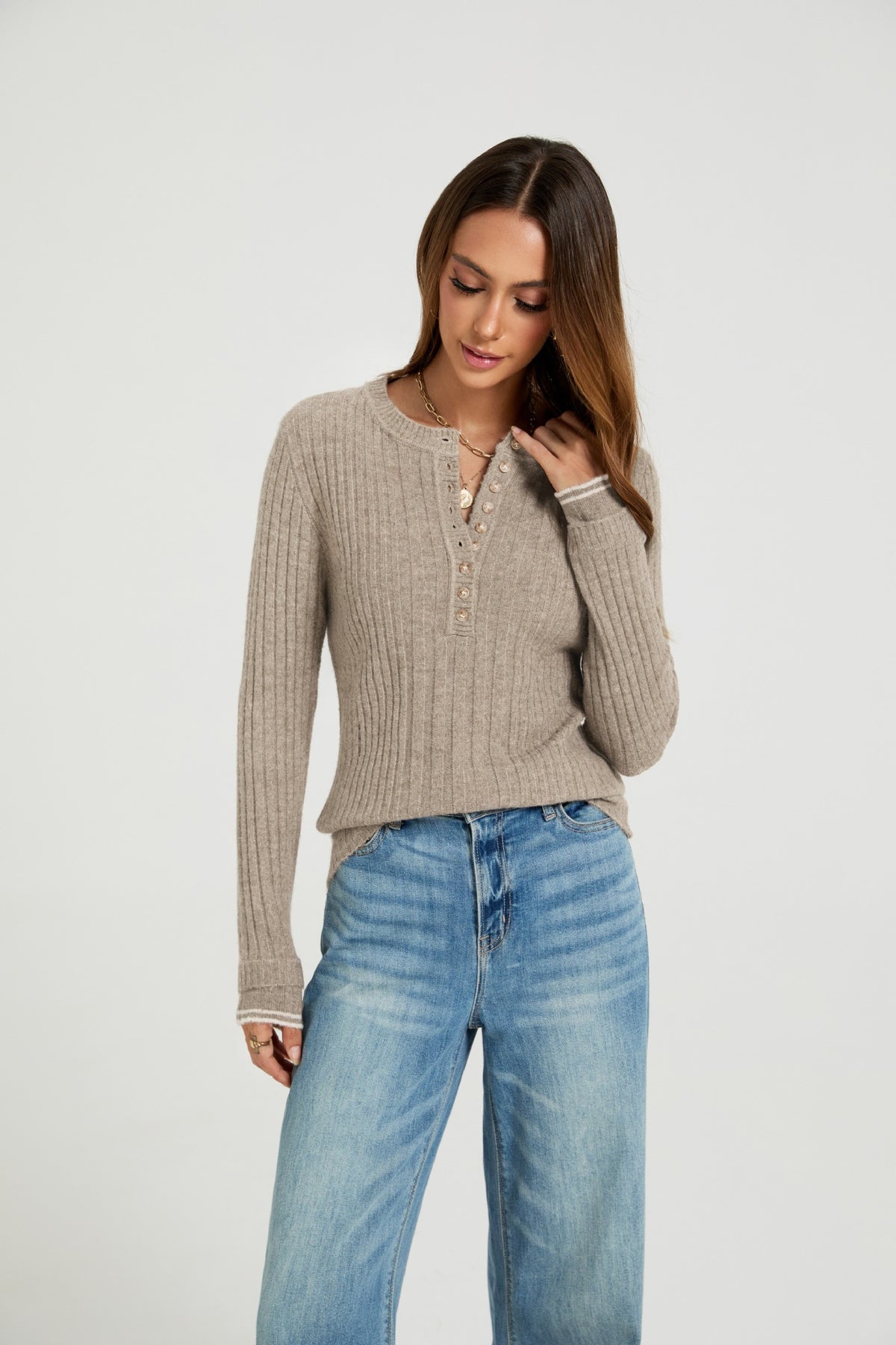 Women's Ribbed Henley Sweater Long Sleeve Fitted Top