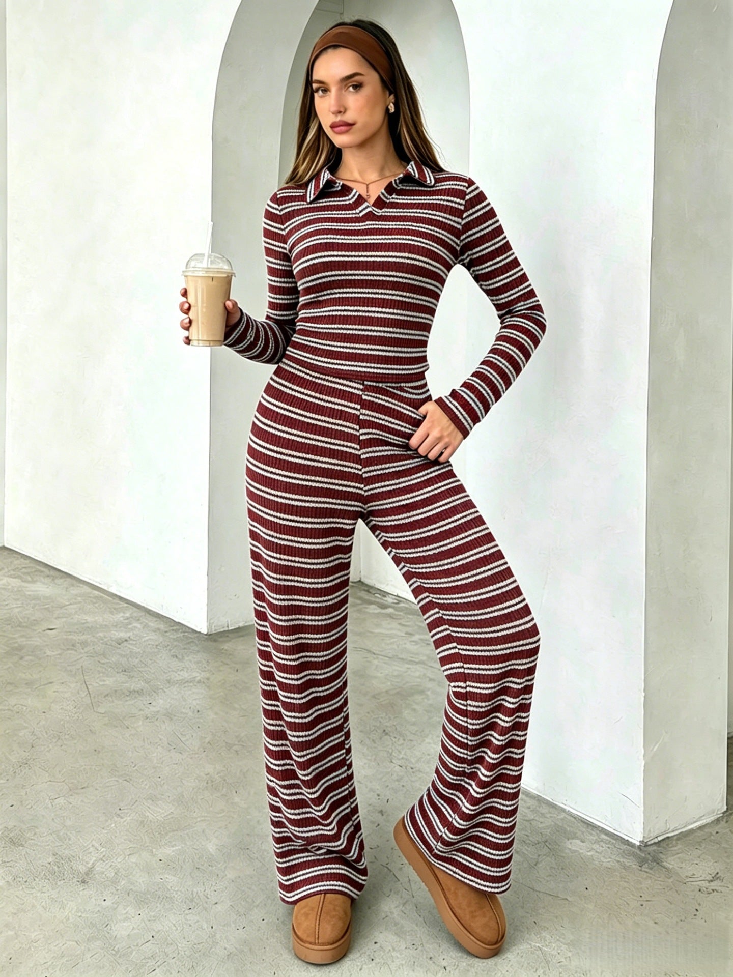 Striped Ribbed Jumpsuit Loungewear Collared Wide Leg Fitted
