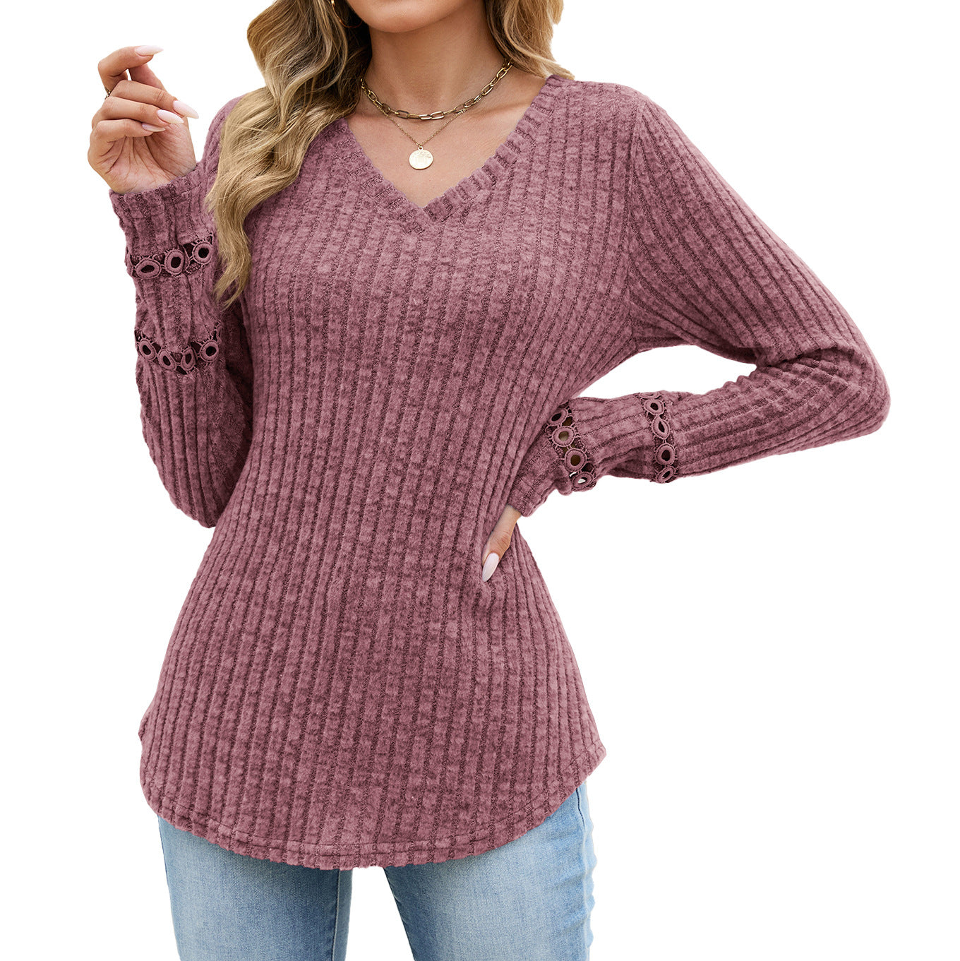 Solid Ribbed Knit Top V Neck Trendy Long Sleeve