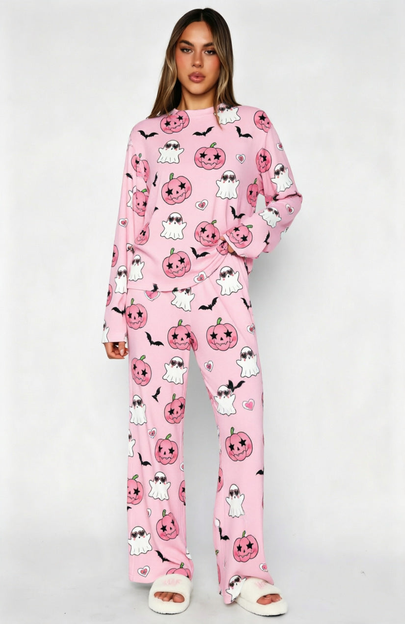 Halloween Pumpkin Print Pajama Set Long Sleeve