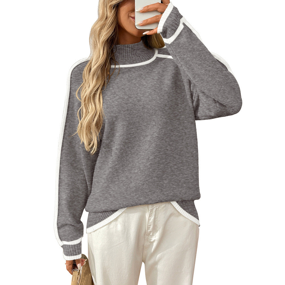 Women's Oversized Mock Neck Contrast Trim Sweater