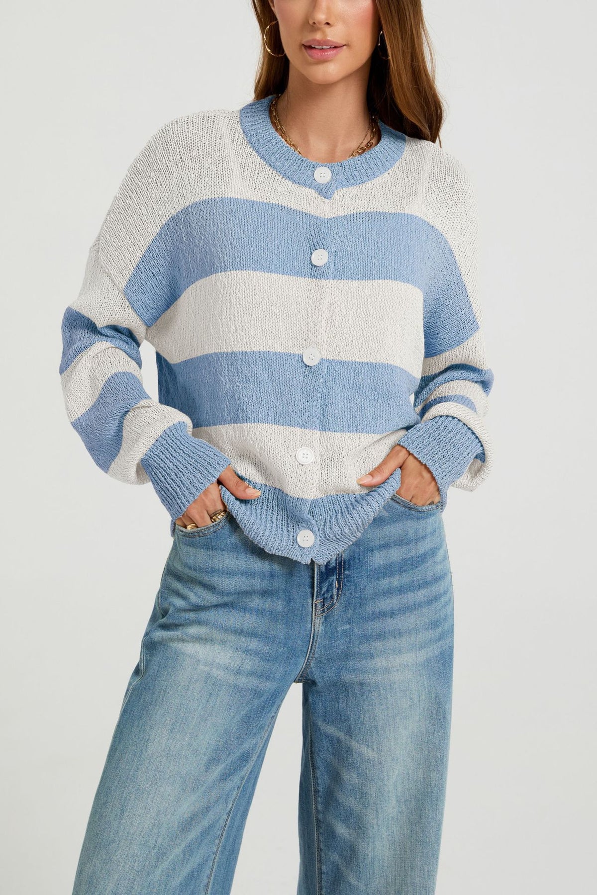Women's Striped Chunky Knit Oversized Cardigan Sweater
