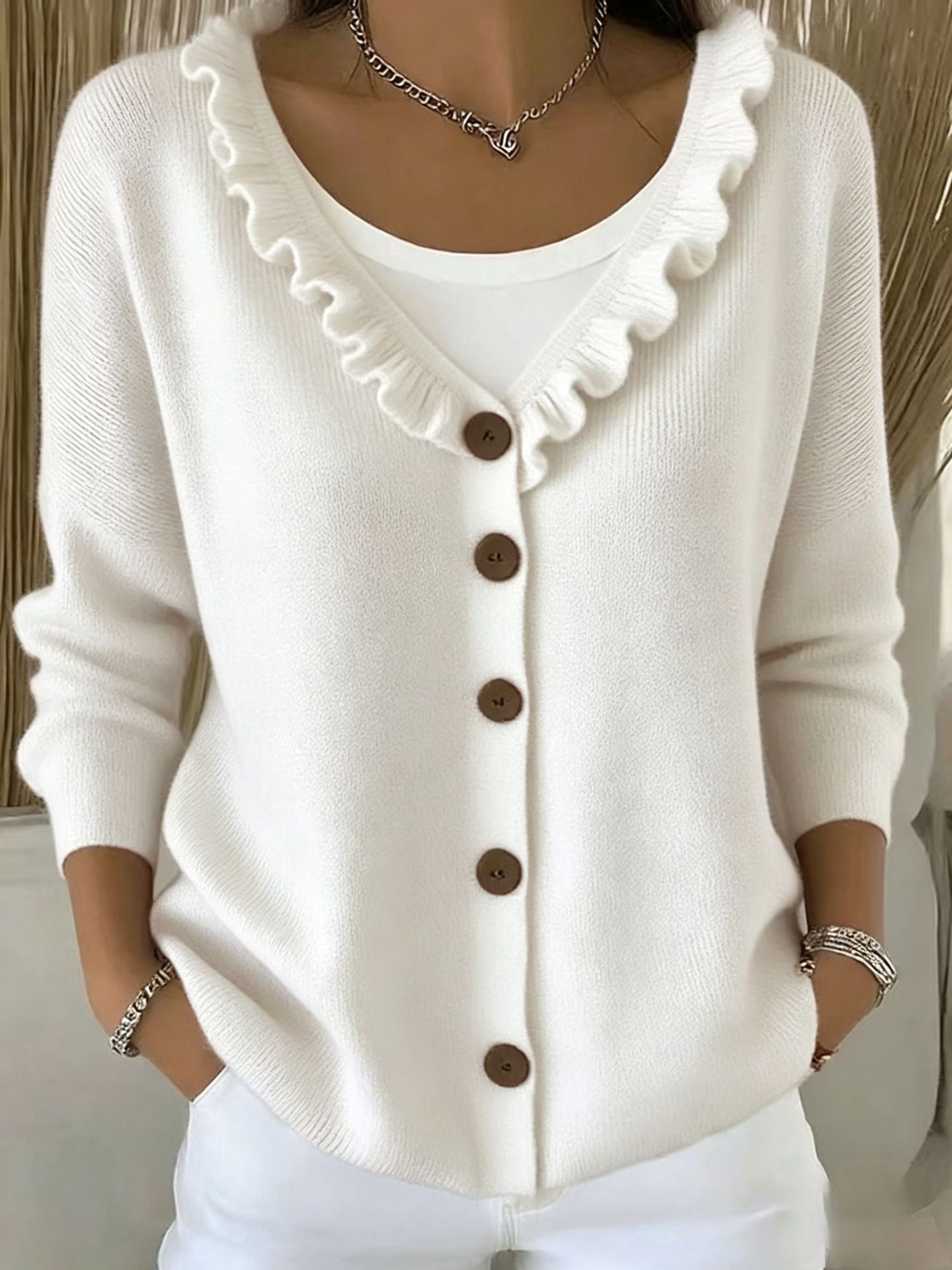 Ruffle Trim V Neck Button Front Knit Cardigan
