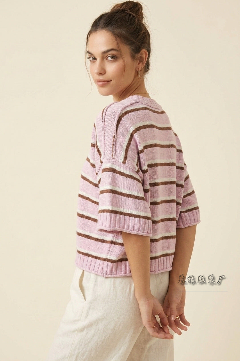 Women's Oversized Striped Short Sleeve Crewneck Sweater