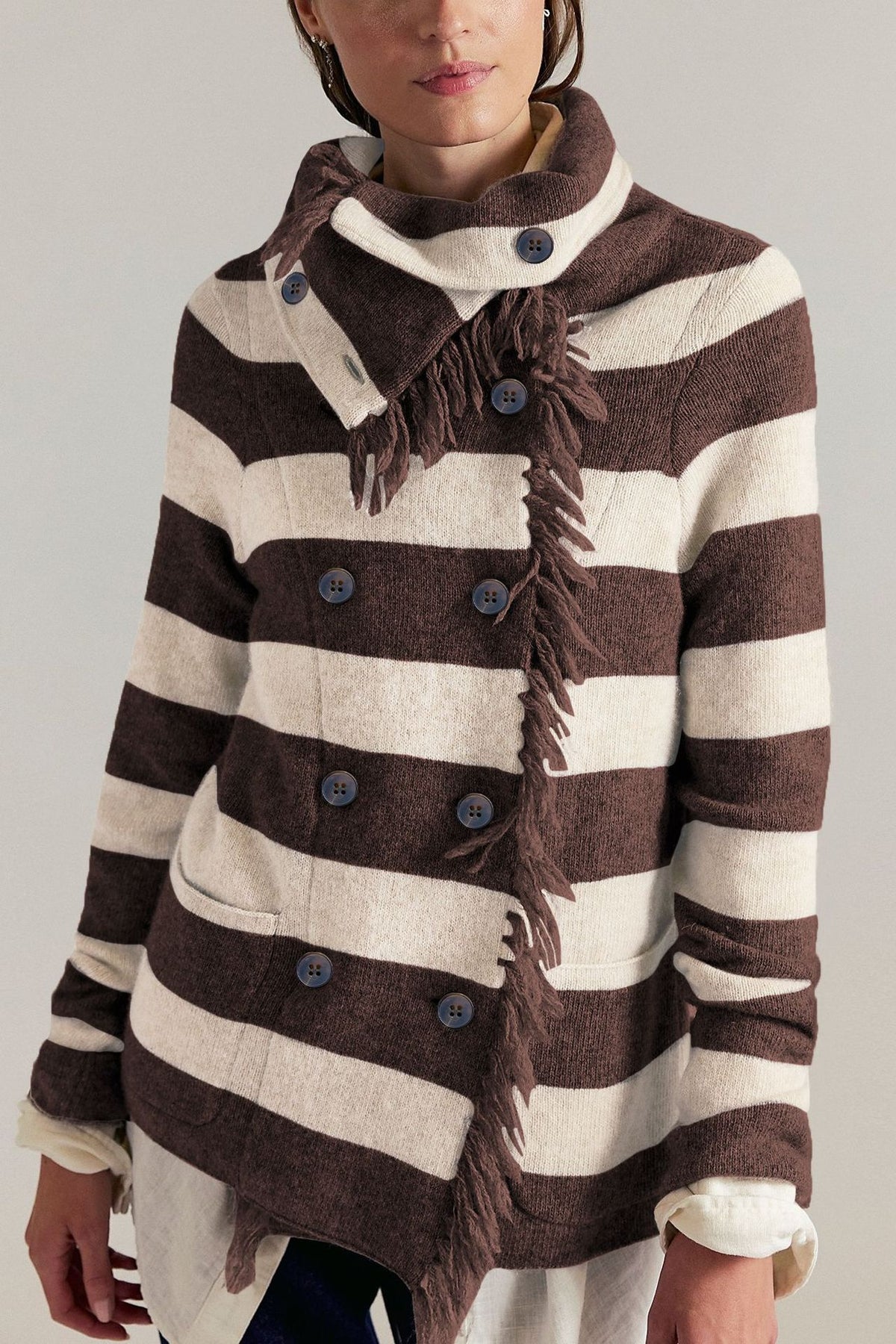 Oversized Striped Fringe Turtleneck Cardigan Sweater