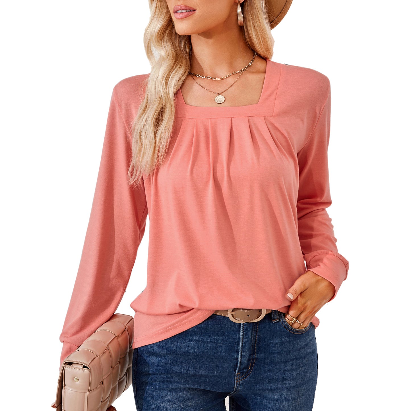 Women's Square Neck Pleated Long Sleeve Tunic Top