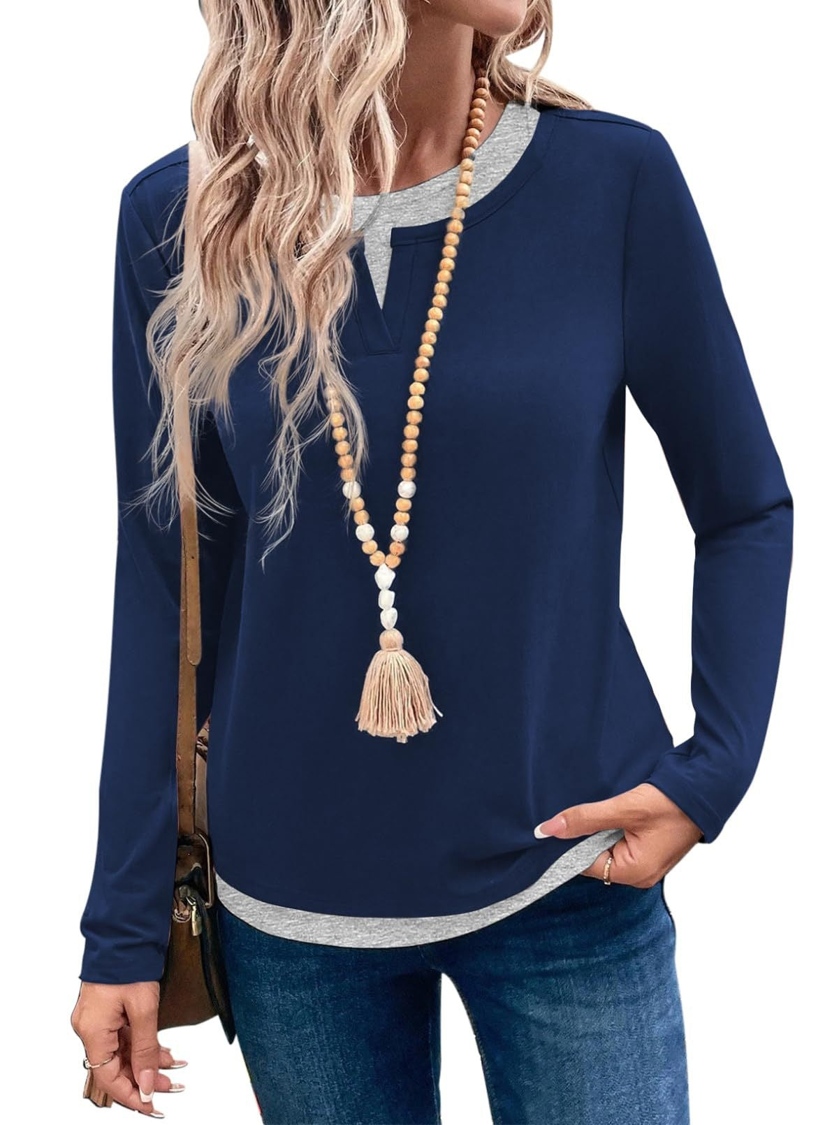 Color Block Long Sleeve Top Layered Look Casual Tee