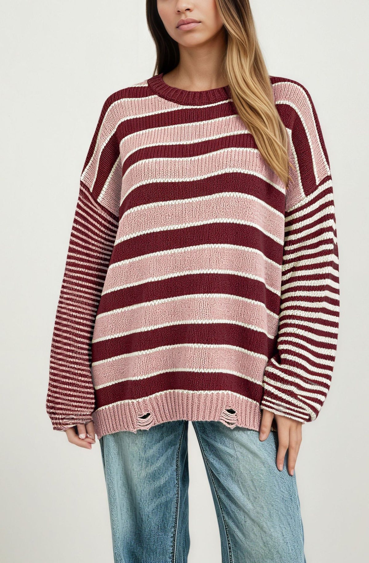Womens Oversized Striped Crewneck Pullover Sweater
