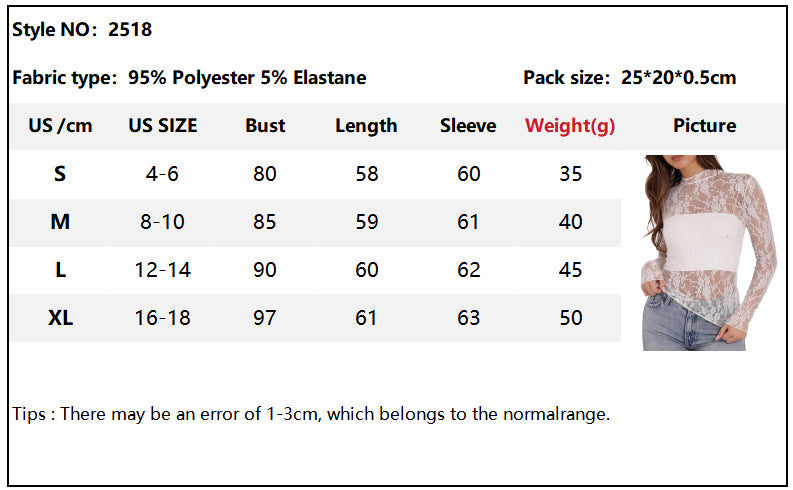 Women's Long Sleeve Half High Neck Mesh See Through Neck Tulle Top