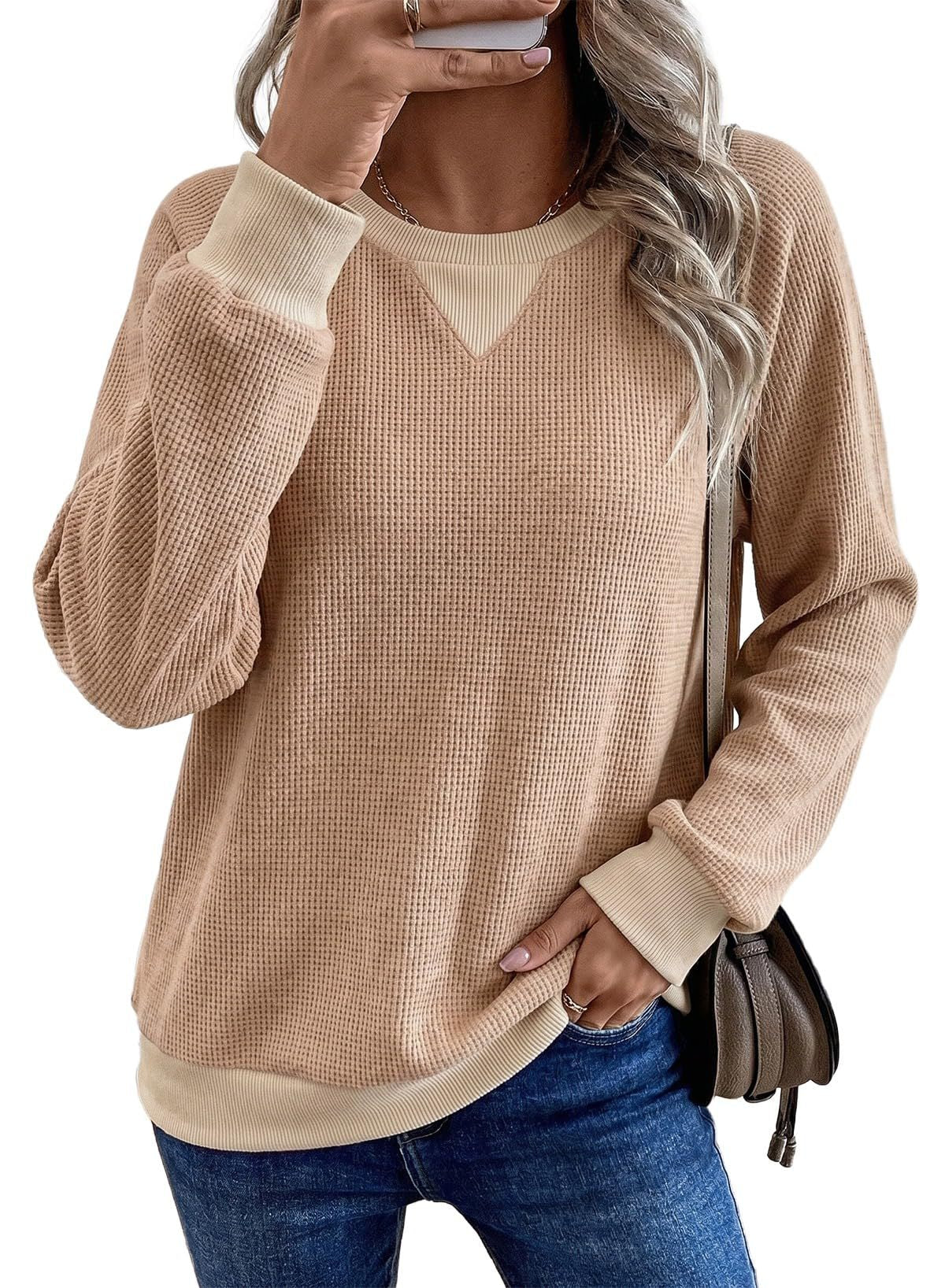 Contrast Waffle Knit Long Sleeve Casual Pullover Top