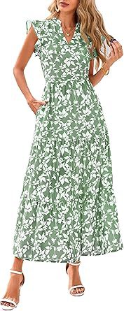 Floral V Neck Flutter Sleeve A Line Midi Dress
