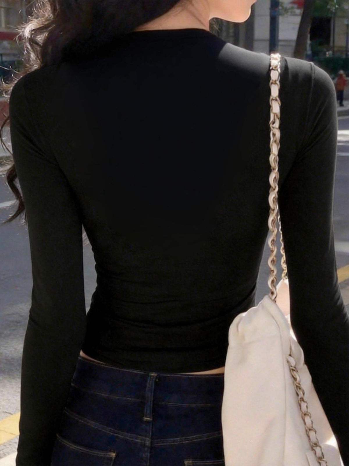Women's V Neck Long Sleeve Fitted Black Crop Top