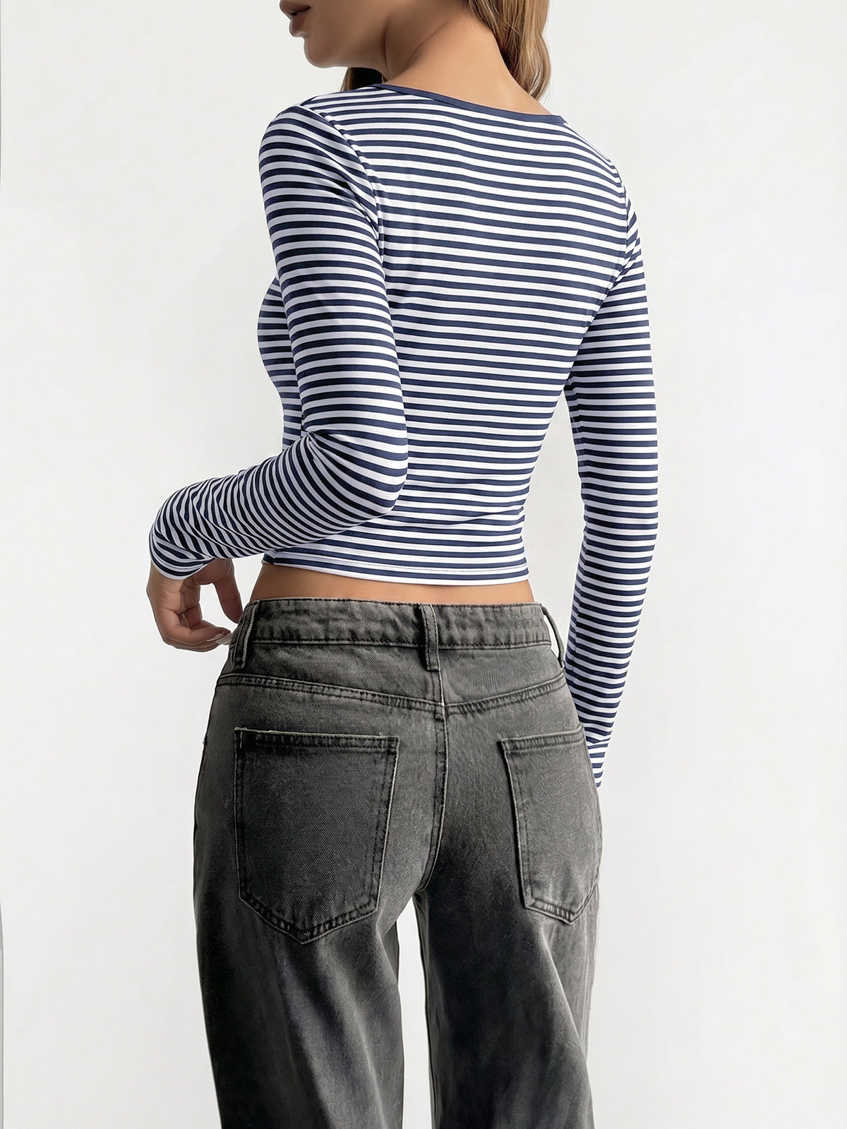 Women's Square Neck Striped Long Sleeve Crop Top