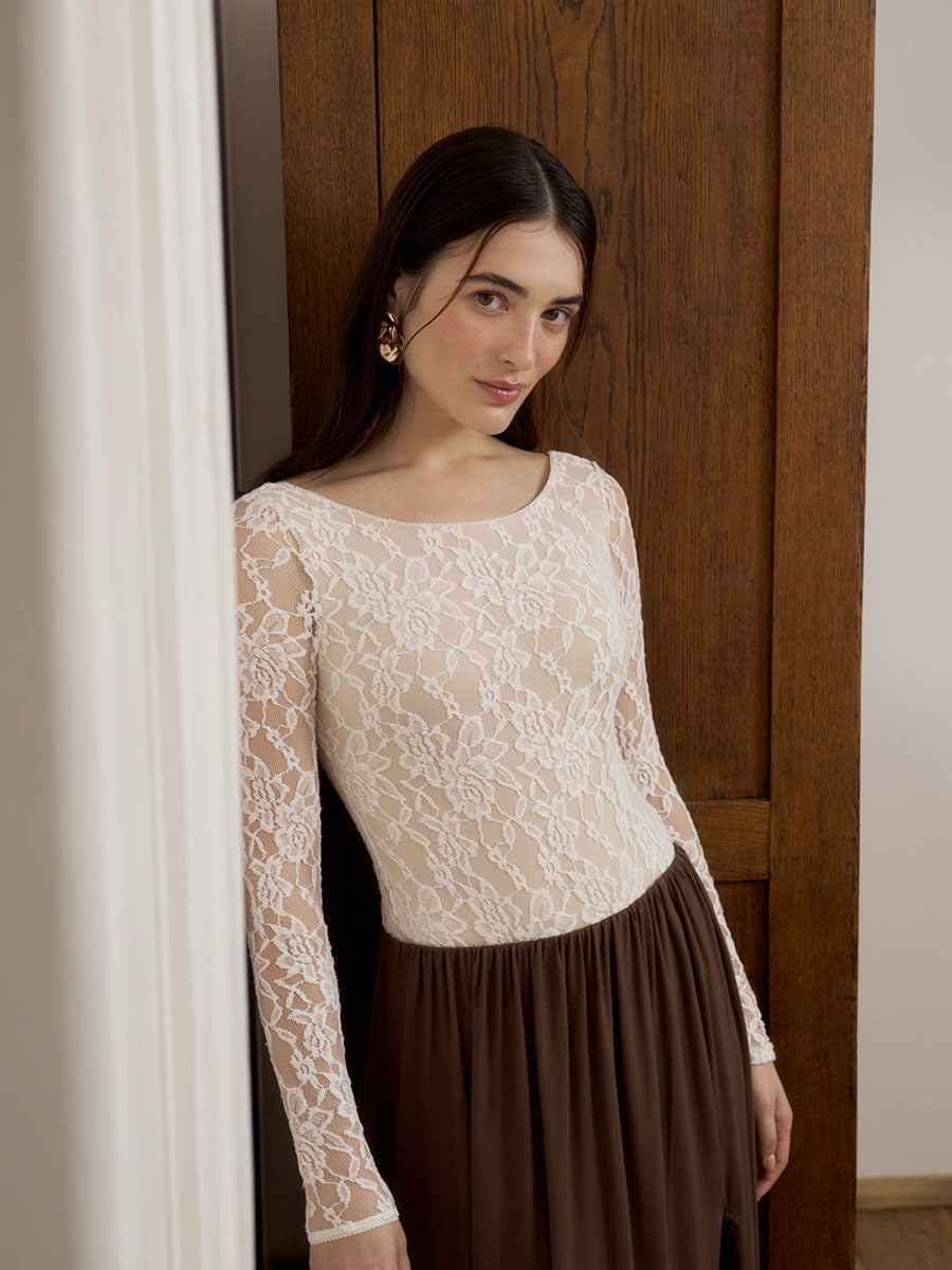 Women Long Sleeve Lace U Neck Slim Fit Top Blouse