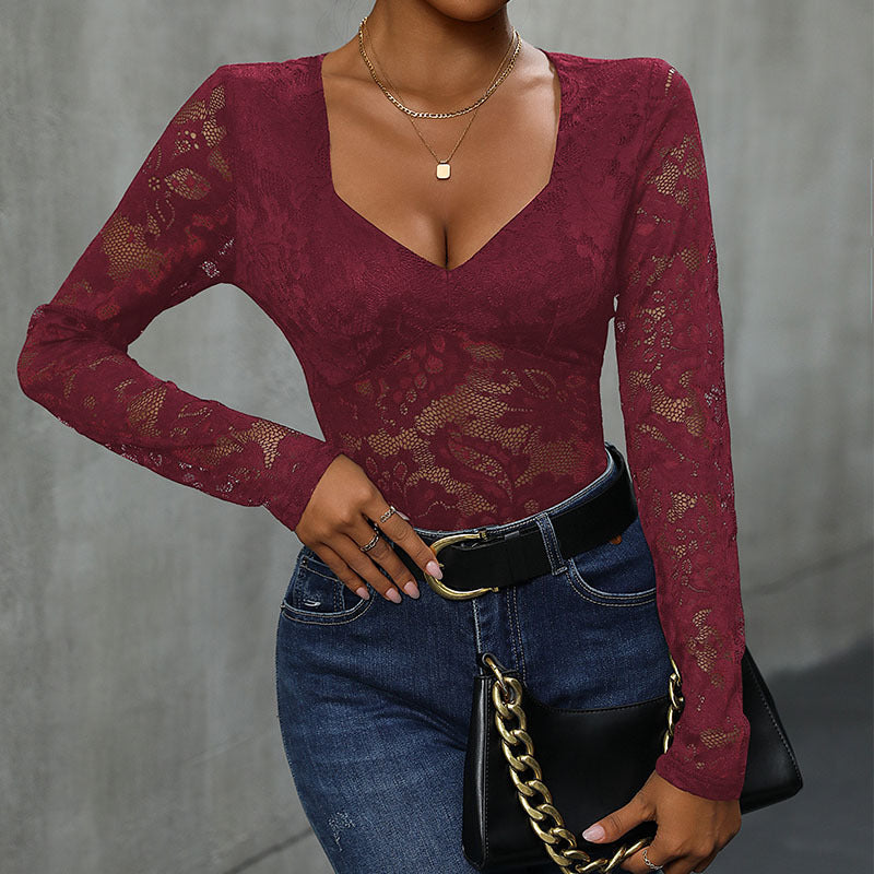 Floral Lace Long Sleeve V Neck Bodysuit