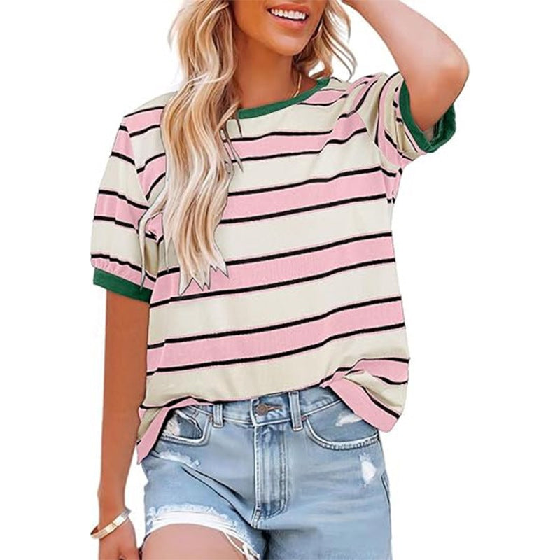 Striped Color Block Short Sleeve Casual Summer Tee