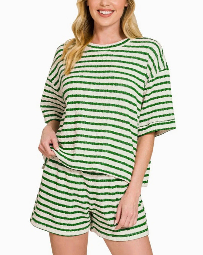 Striped Cotton Shorts Set Boutique Textured Knit Loungewear