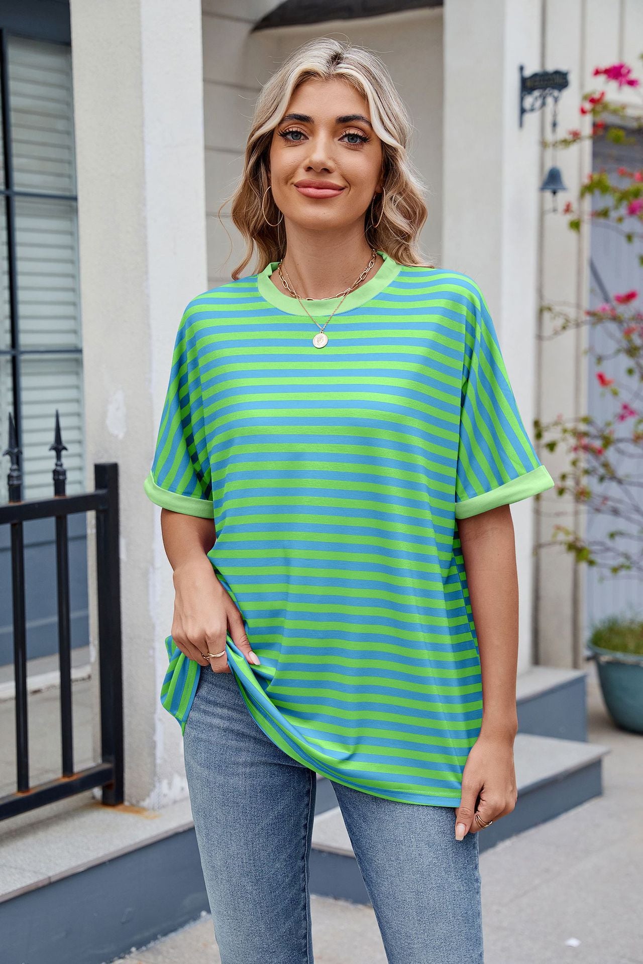 Striped Collision Round Neck Short-sleeved