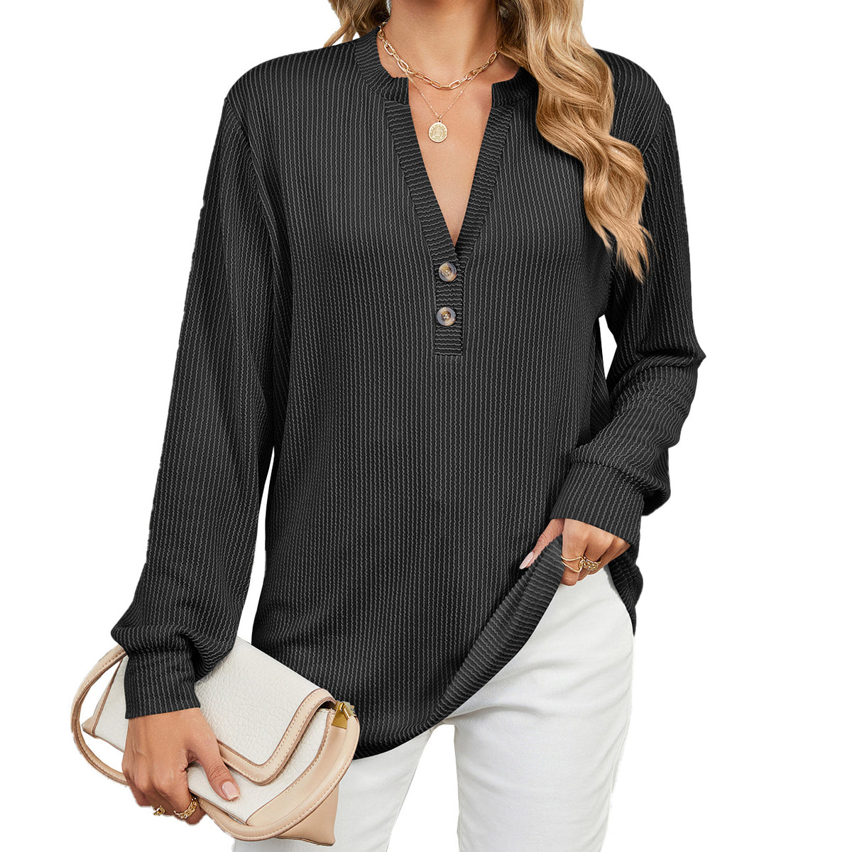 Women's Loose V Neck Button Long Sleeve Ribbed Top
