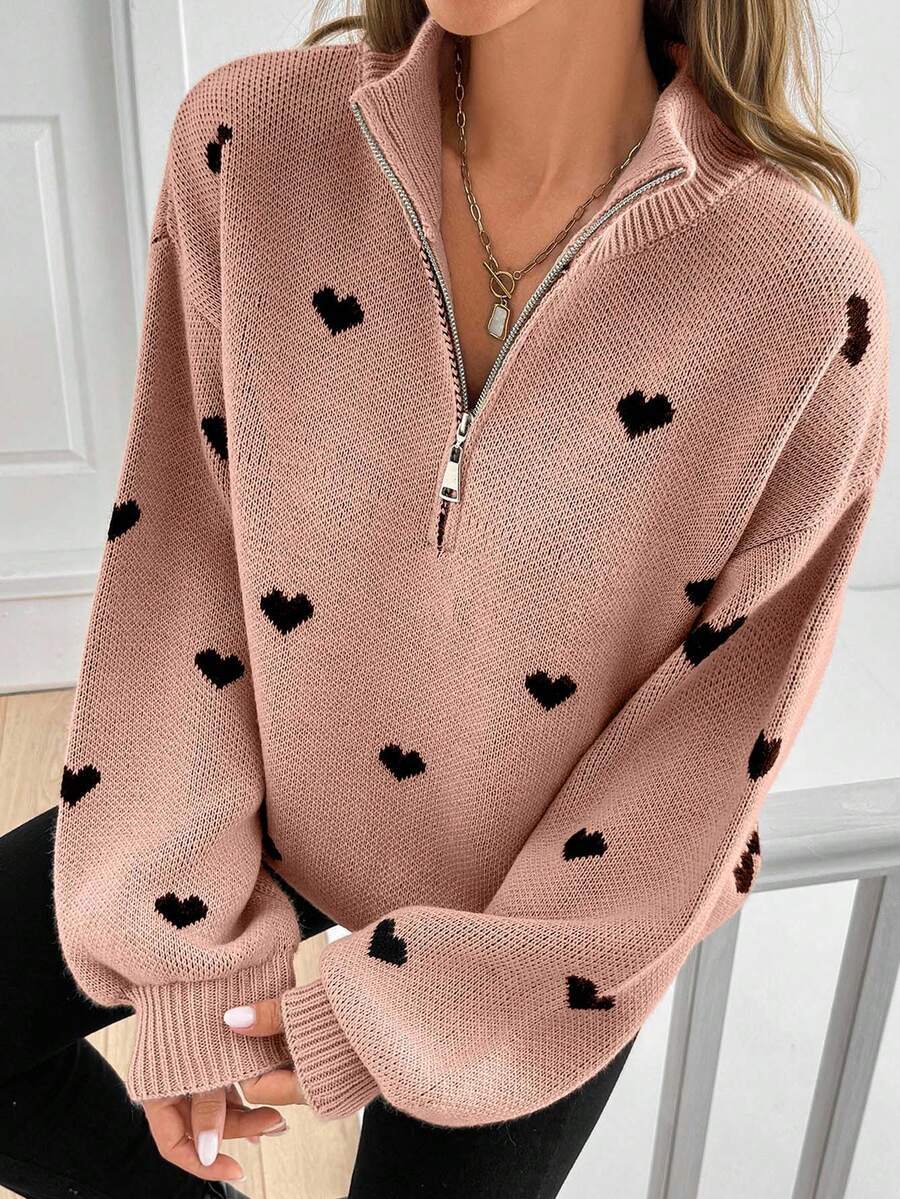 Half Zip Sweater with Heart Print, Oversized Knit Pullover